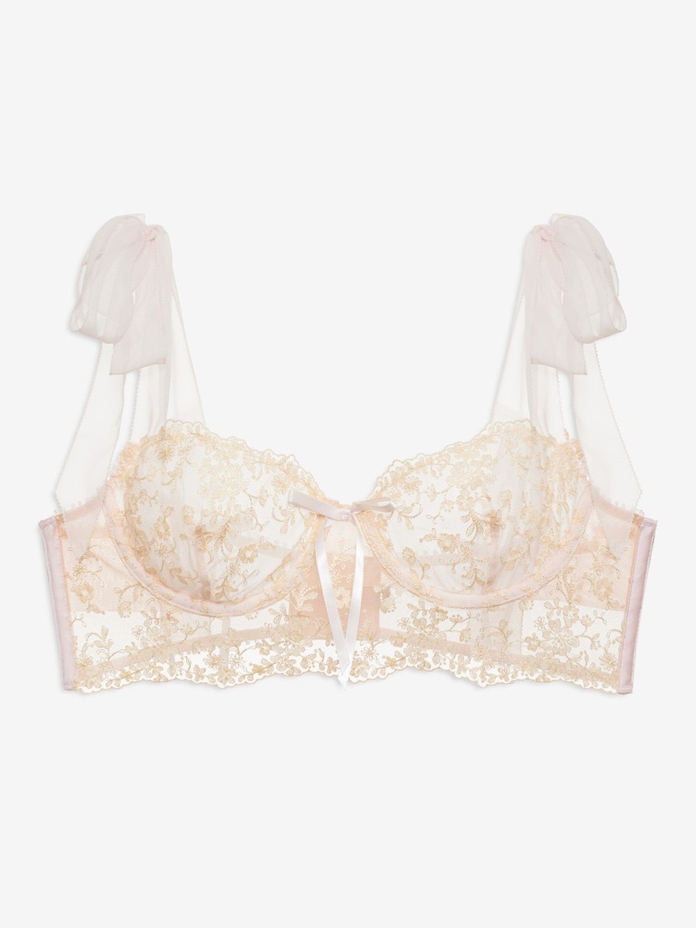 For Love And Lemons Sheer Gold-Embroidered Blush Balconette Bra